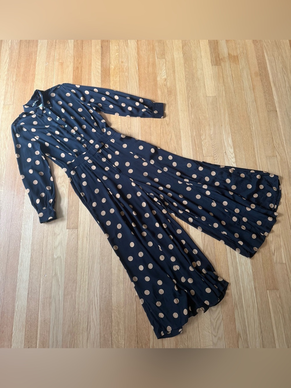 Anthropologie Polka Dot Wide Leg Jumpsuit Black Tan Size 6